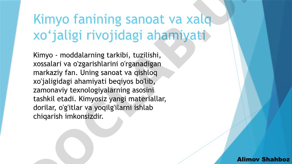 Kimyo fanining sanoat va xalq xo'jaligi rivojidagi ahamiyati