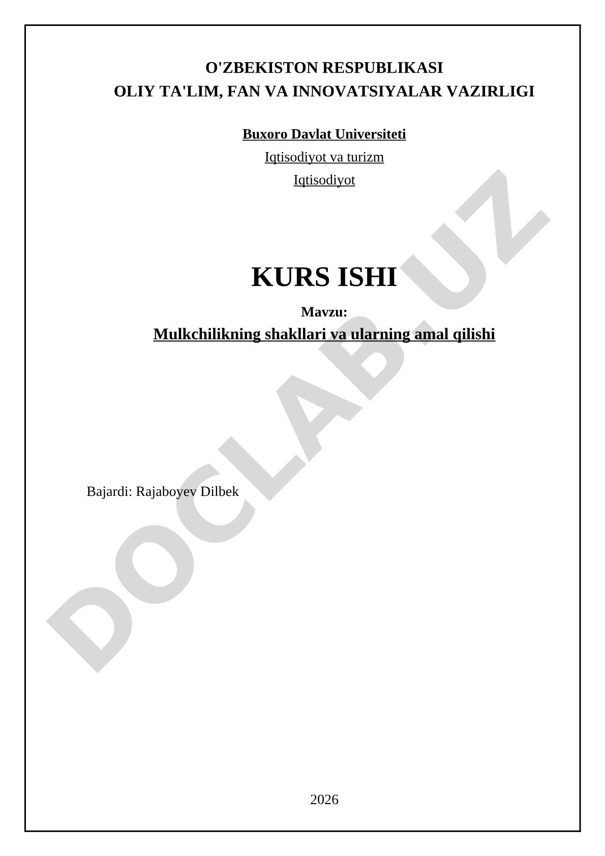 Mulkchilikning shakllari va ularning amal qilishi