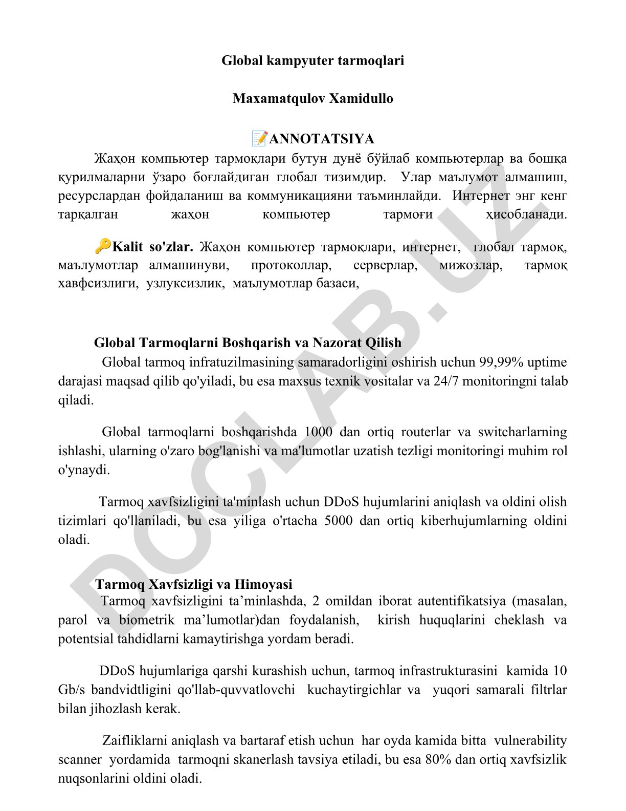 Global kampyuter tarmoqlari va ularni boshqarish
