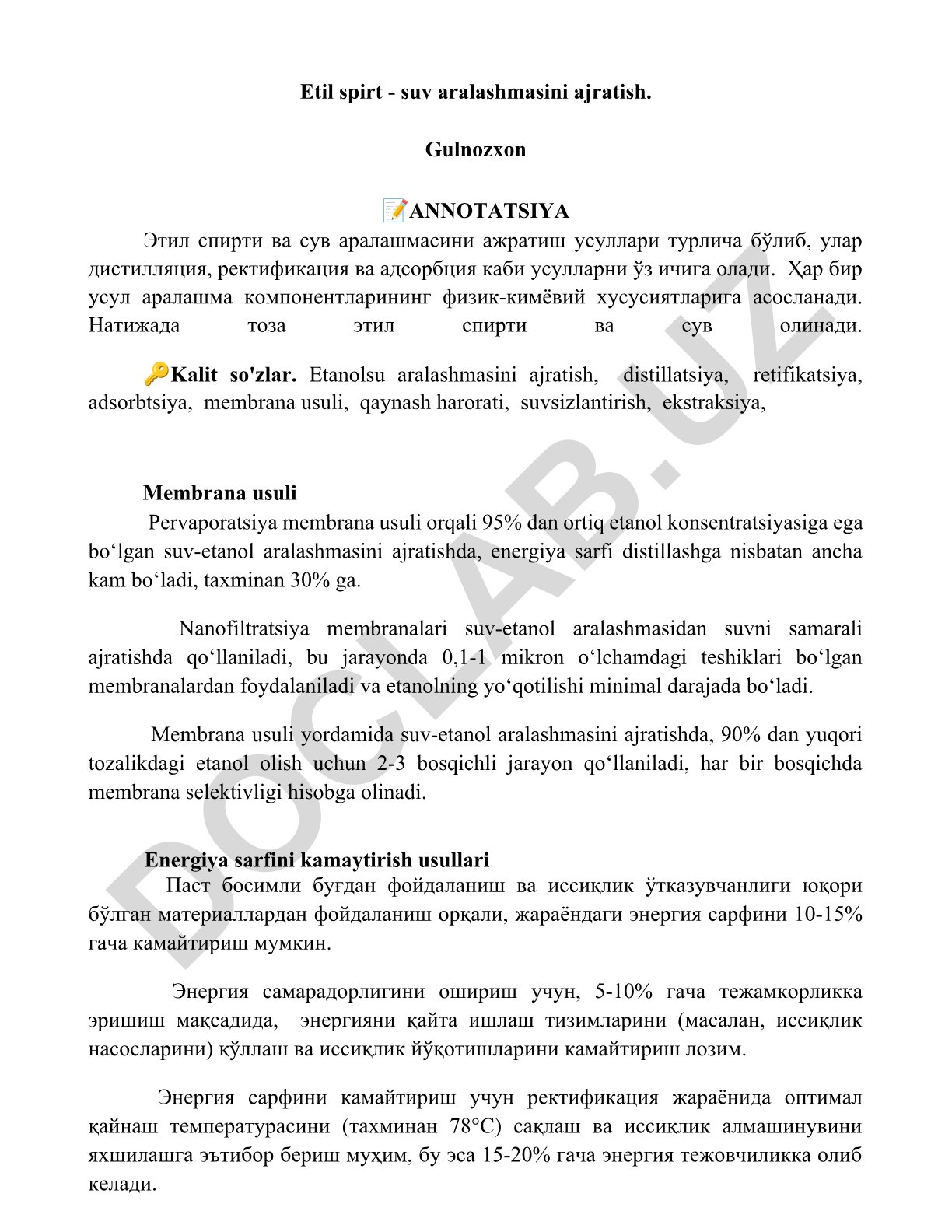 Etil spirt - suv aralashmasini ajratish usullari