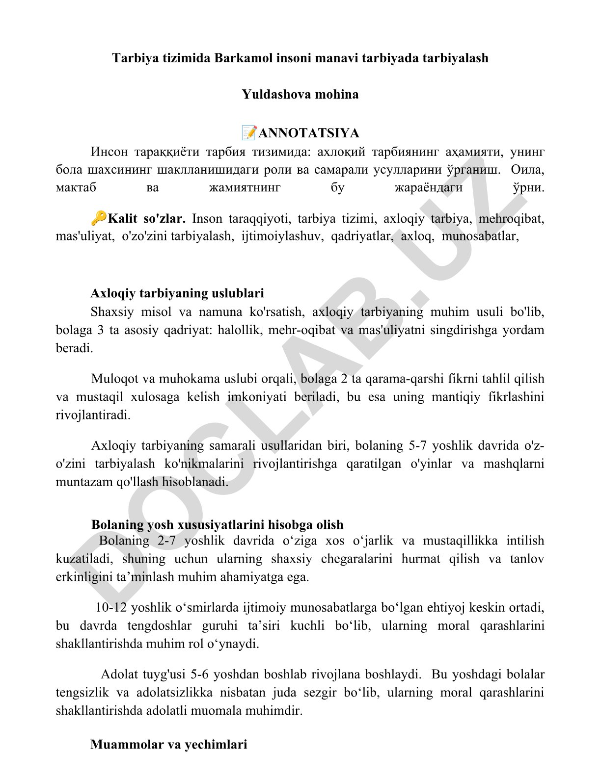 Inson taraqqiyoti tarbiya tizimida axloqiy tarbiyaning ahamiyati va usullari