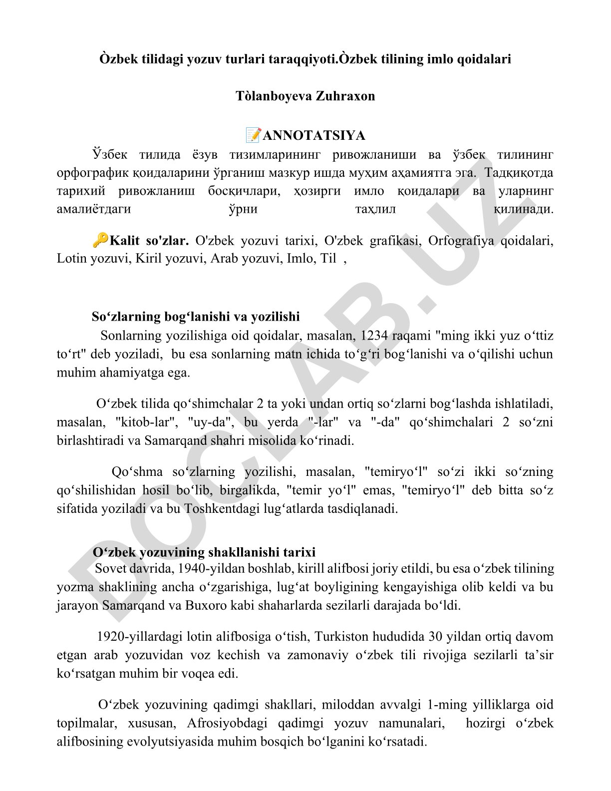 O'zbek tilidagi yozuv turlari taraqqiyoti va imlo qoidalari