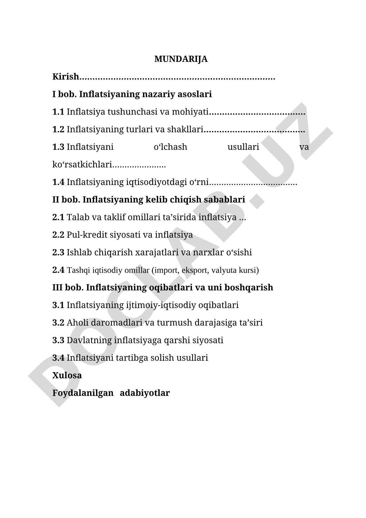 Inflatsiyaning nazariy asoslari, sabablari va oqibatlari
