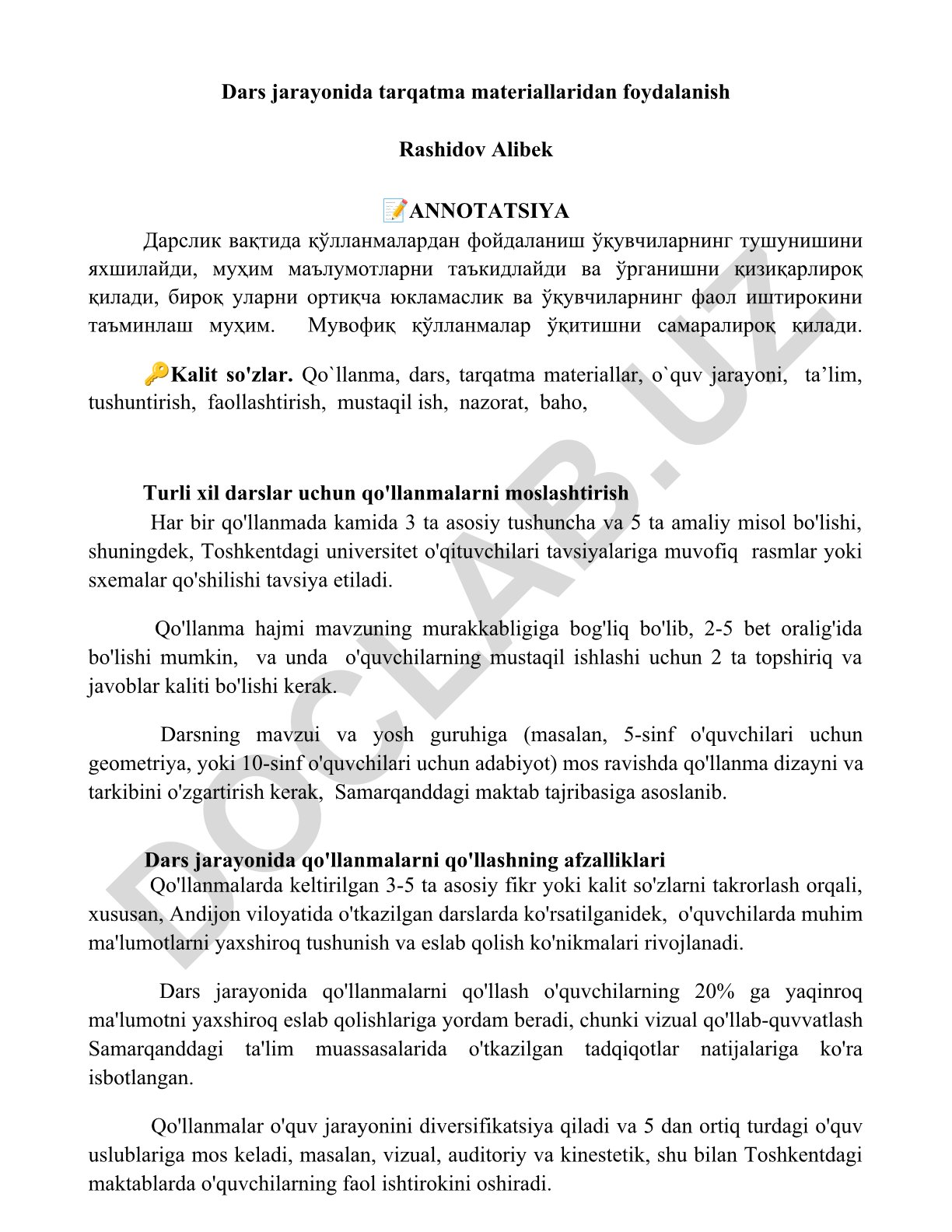 Dars jarayonida tarqatma materiallaridan foydalanish