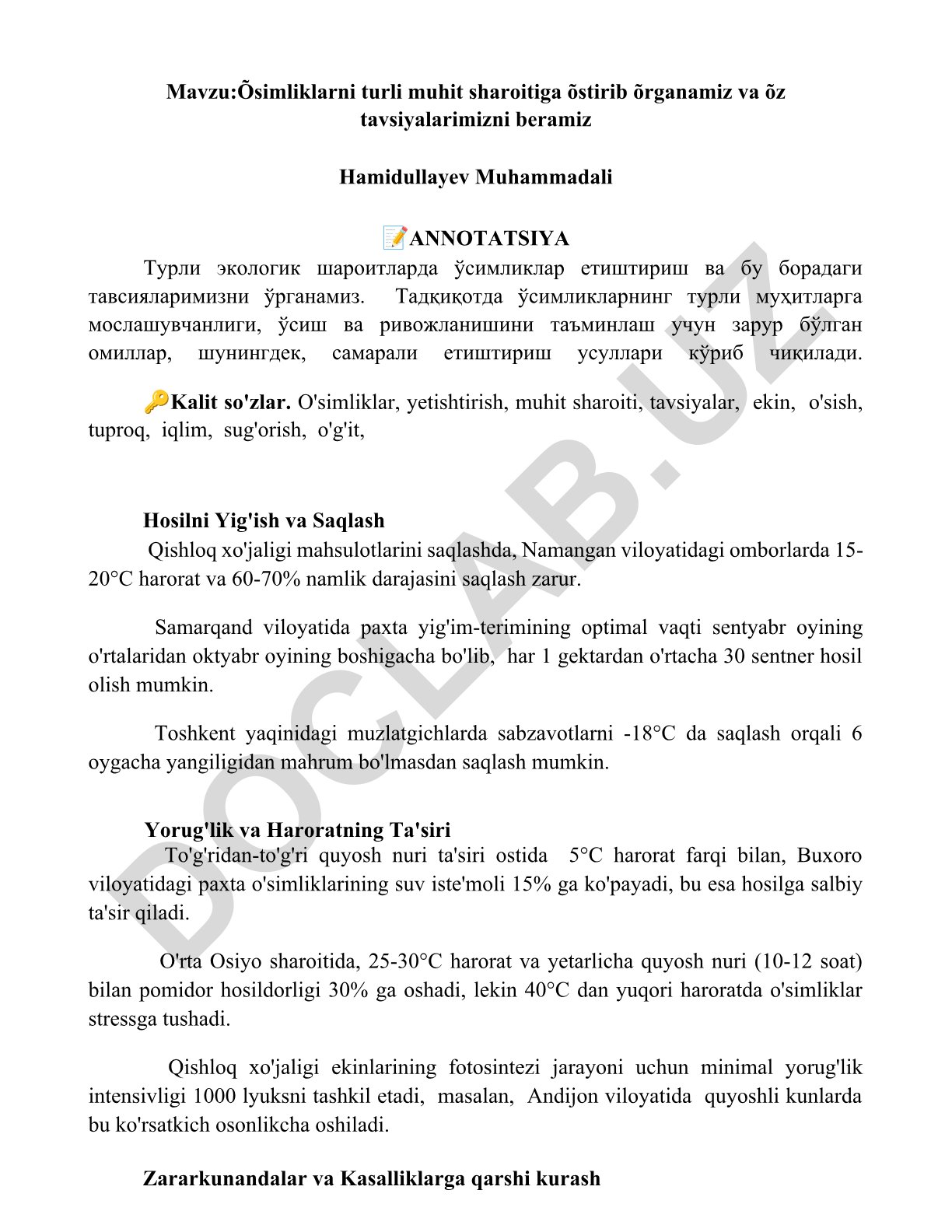 O'simliklarni turli muhit sharoitiga o'stirib o'rganish va tavsiyalar