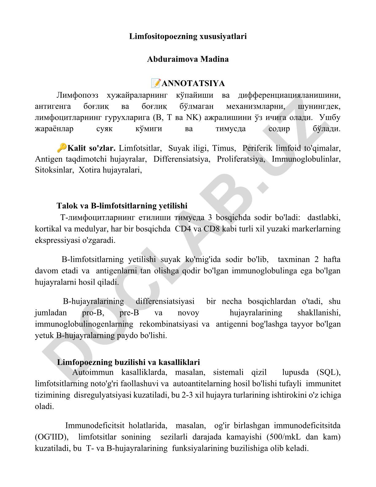 Limfositopoezning xususiyatlari