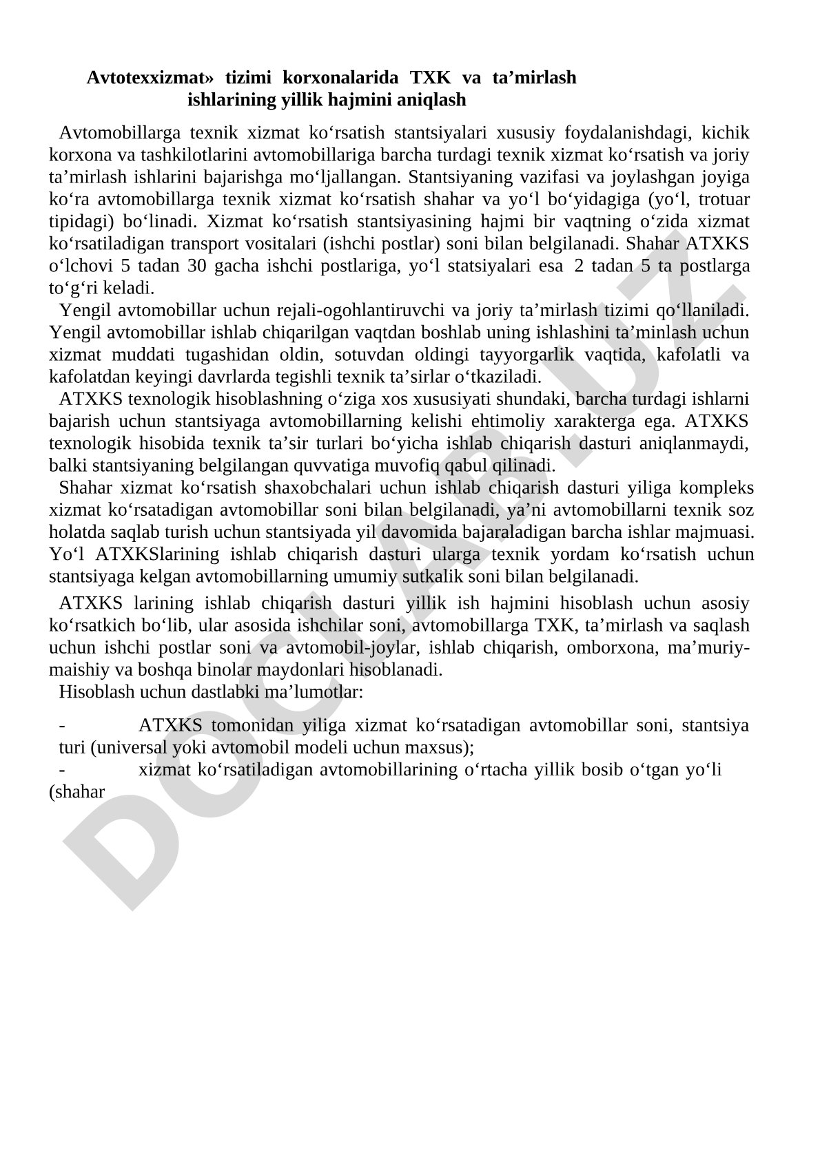 Avtotexxizmat tizimi korxonalarida TXK va ta'mirlash ishlarining yillik hajmini aniqlash