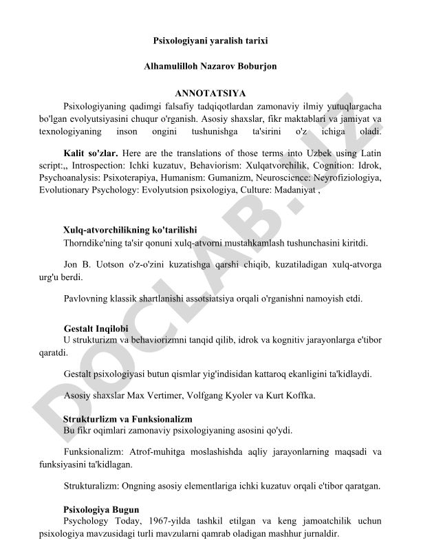 Psixologiyaning tarixiy evolyutsiyasi va asosiy yo'nalishlari
