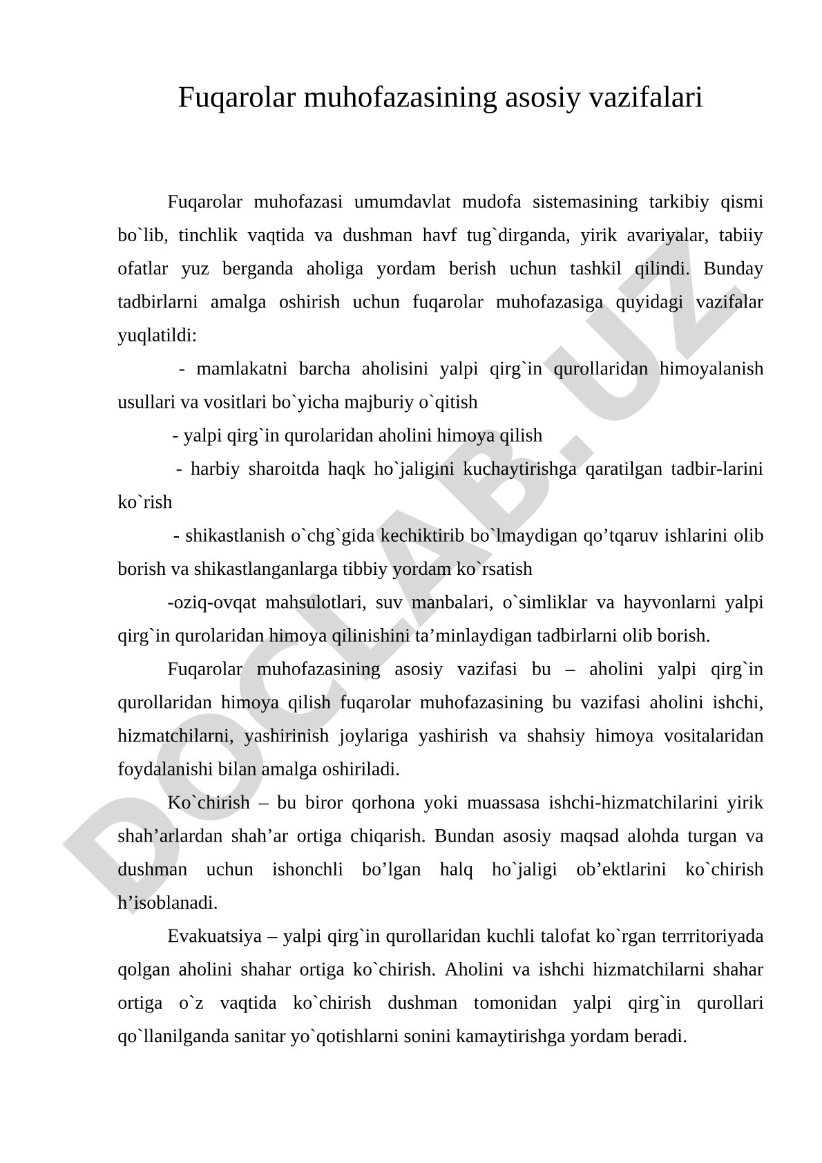 Fuqarolar muhofazasining asosiy vazifalari