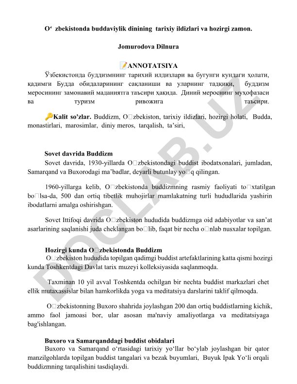 Oʻzbekistonda buddaviylik dinining tarixiy ildizlari va hozirgi zamon