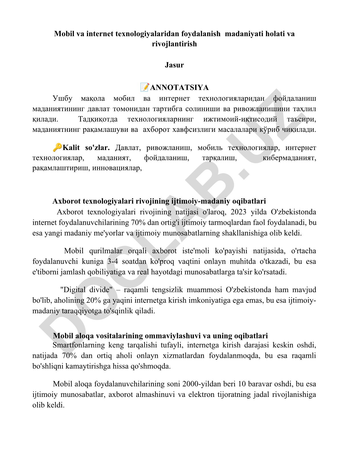 Mobil va internet texnologiyalaridan foydalanish madaniyati holati va rivojlantirish