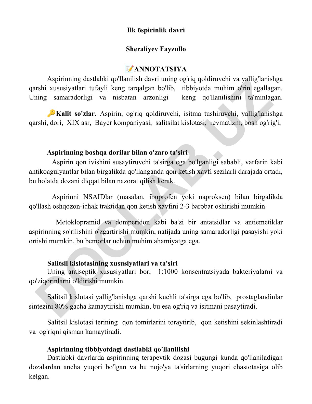 Aspirinning ilk qo'llanilishi va dorilar bilan o'zaro ta'siri