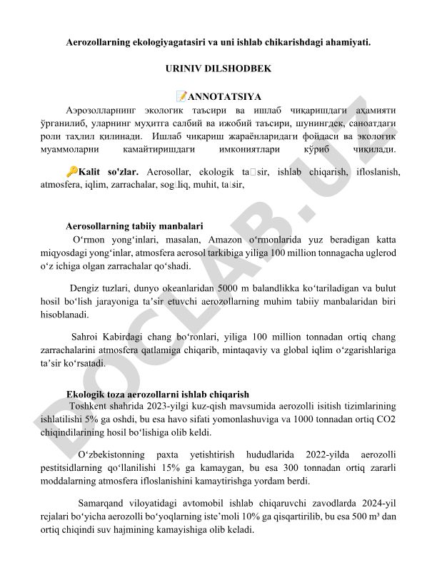 Aerozollarning ekologiyaga ta'siri va uni ishlab chiqarishdagi ahamiyati