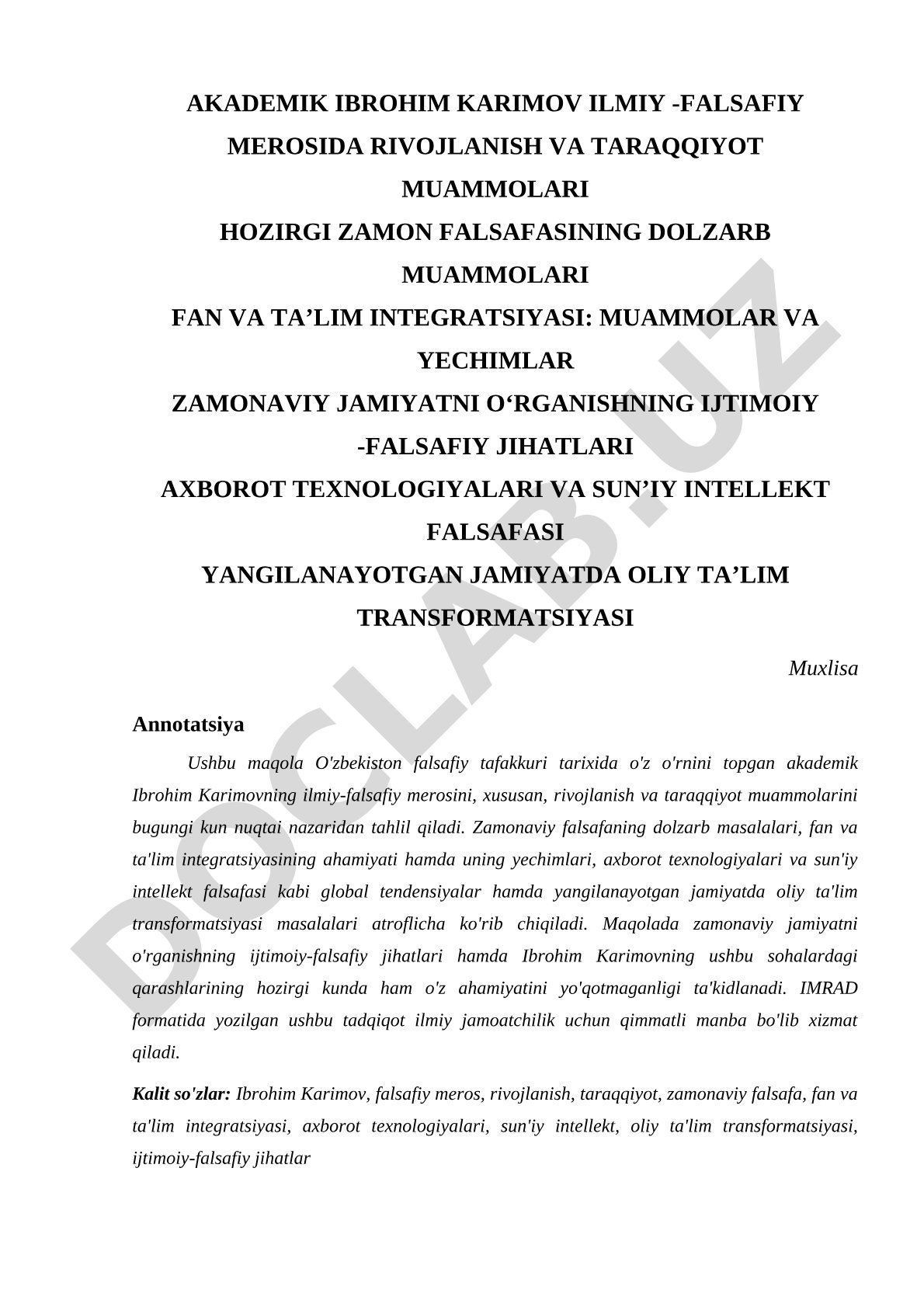 Akademik Ibrohim Karimov ilmiy-falsafiy merosida rivojlanish va taraqqiyot muammolari