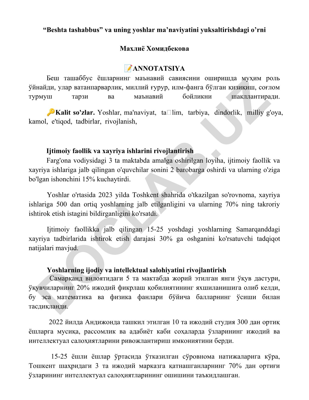 Beshta tashabbus va uning yoshlar ma'naviyatini yuksaltirishdagi o'rni