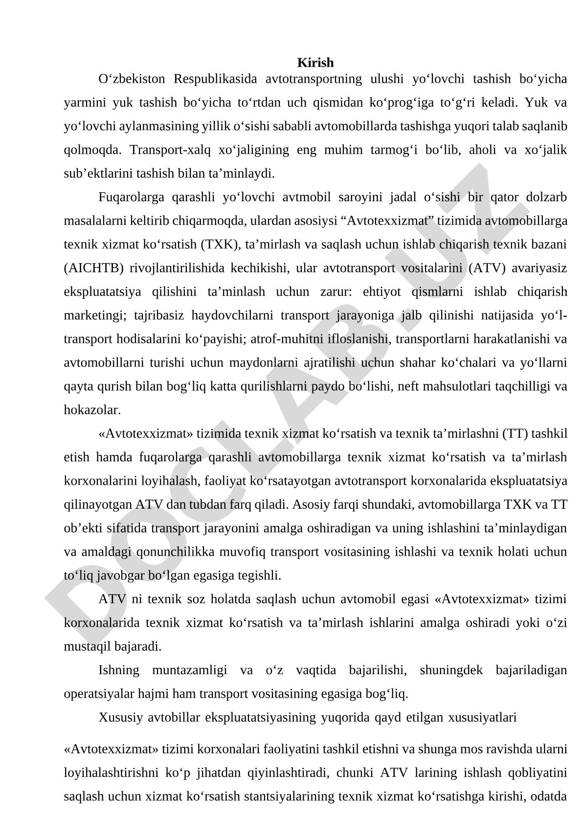 Avtotransportda texnik xizmat ko'rsatish va ta'mirlash muammolari
