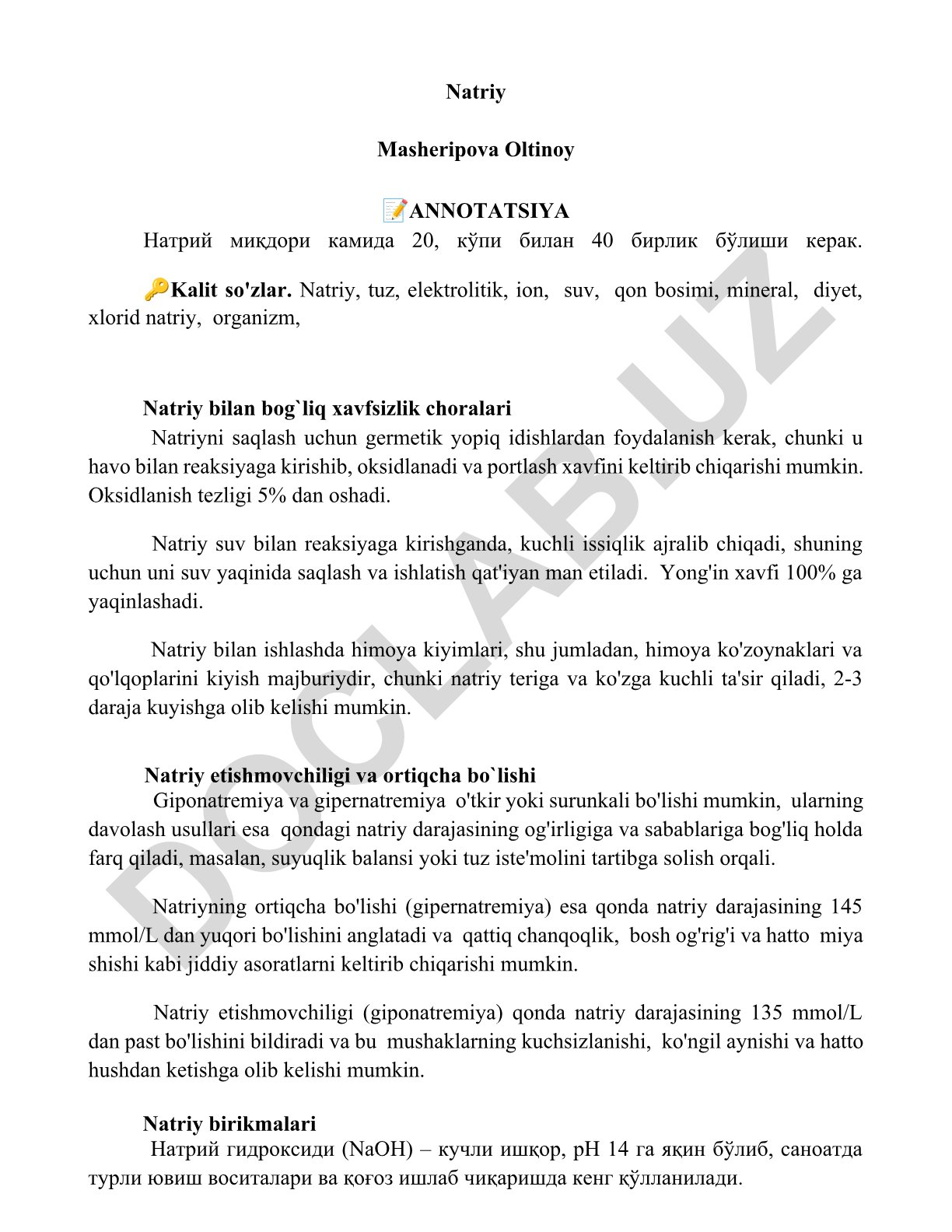 Natriyning xavfsizlik choralari va organizmdagi ahamiyati