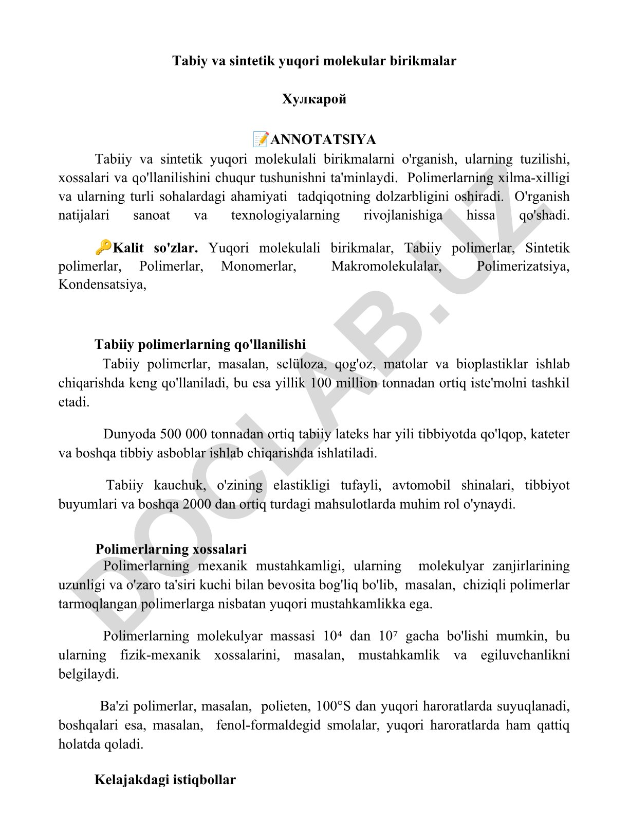 Tabiiy va sintetik yuqori molekulali birikmalar