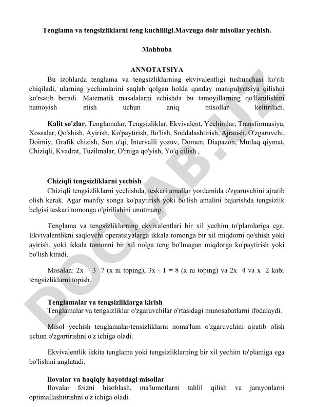 Tenglama va tengsizliklarni teng kuchliligi