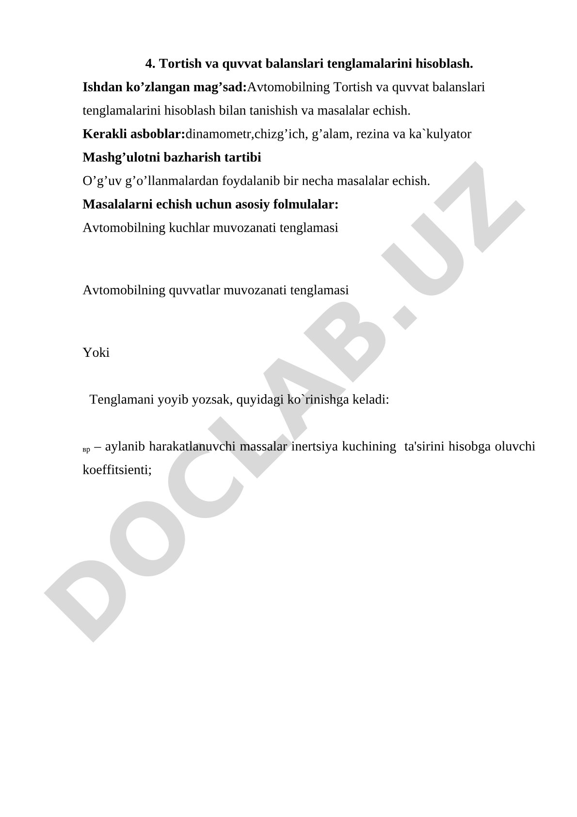 Tortish va quvvat balanslari tenglamalarini hisoblash
