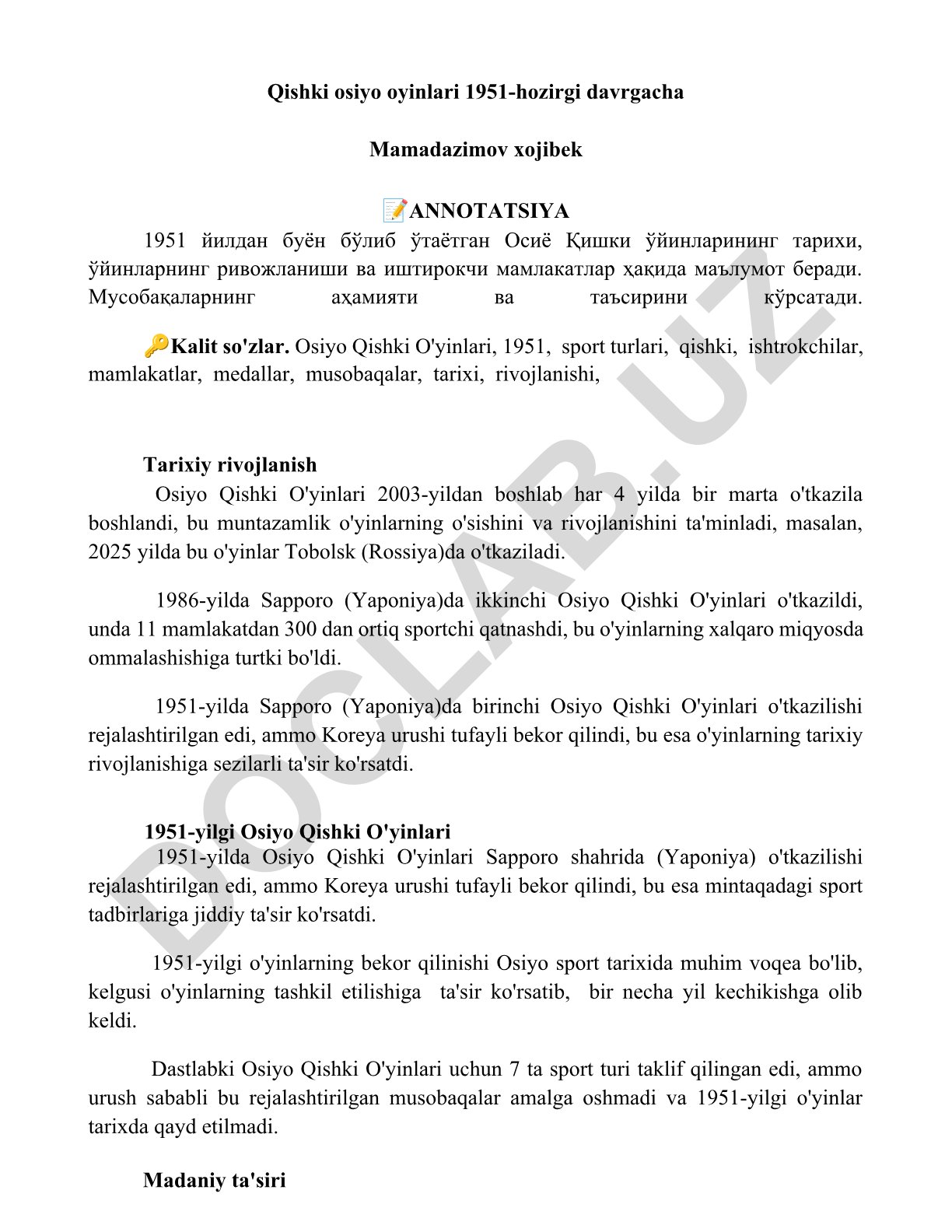 Osiyo Qishki O'yinlari tarixi va rivojlanishi (1951-hozirgi davr)