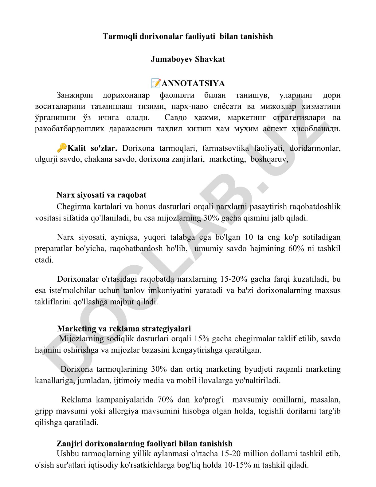 Tarmoqli dorixonalar faoliyati va ularning boshqarish tizimlari