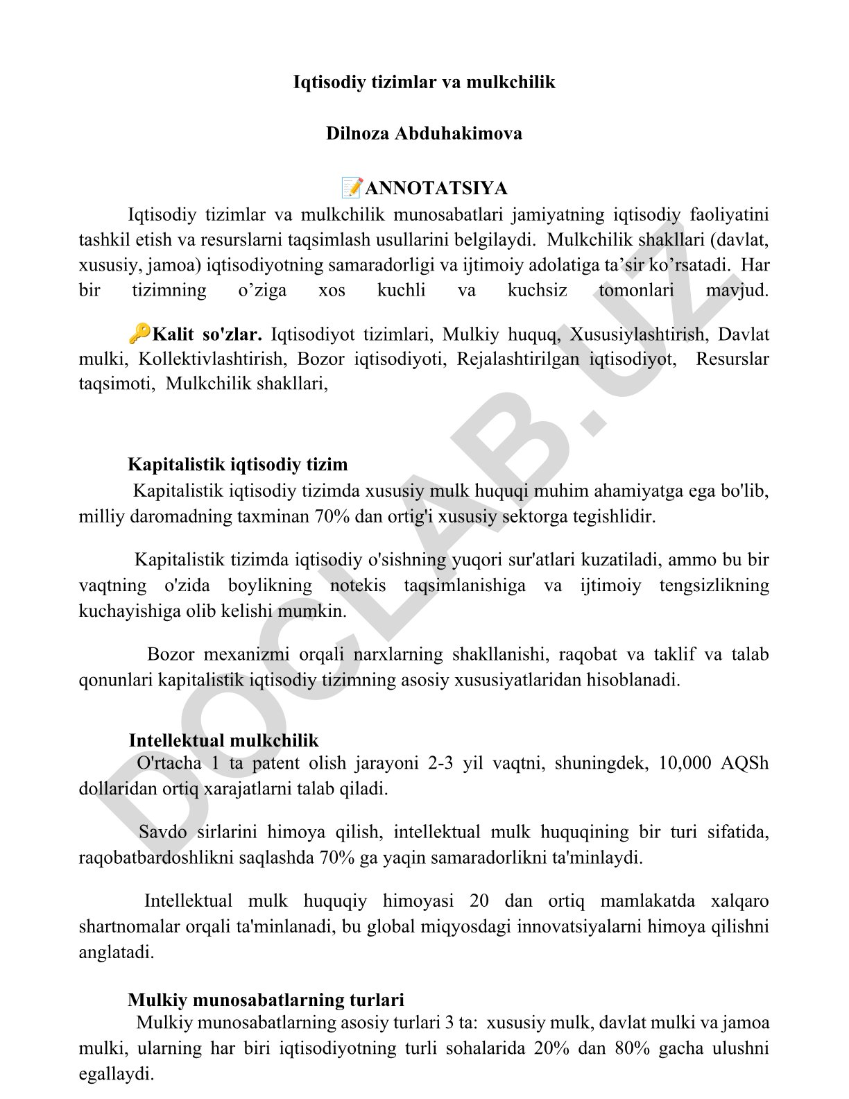Iqtisodiy tizimlar va mulkchilik