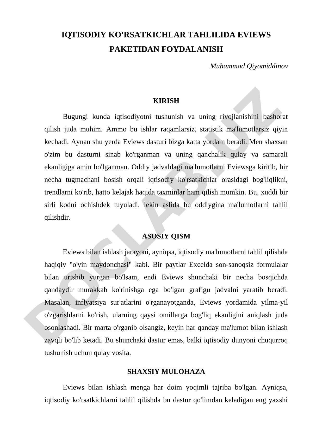 Iqtisodiy ko'rsatkichlar tahlilida Eviews paketidan foydalanish