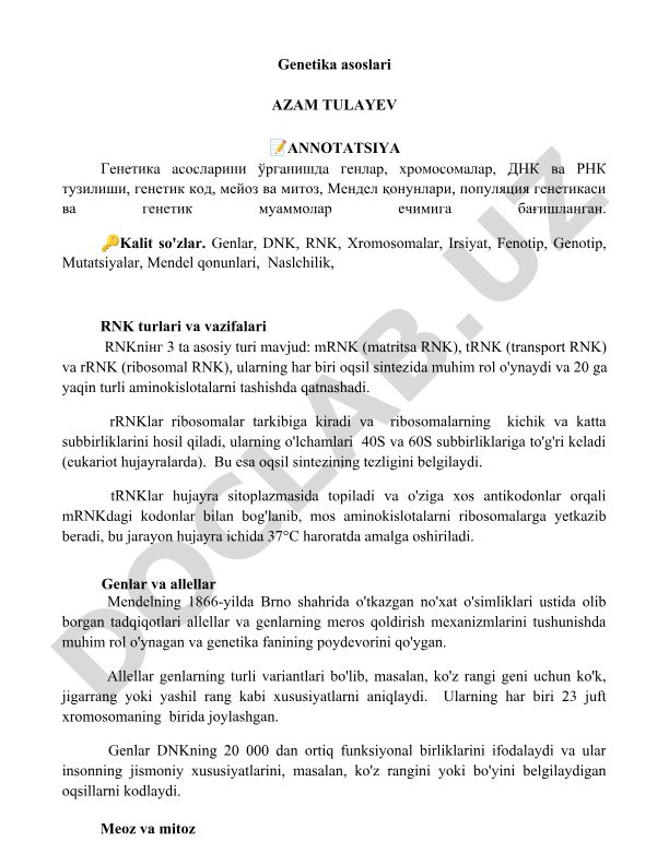 Genetika asoslari: genlar, DNK, RNK, xromosomalar va irsiyat