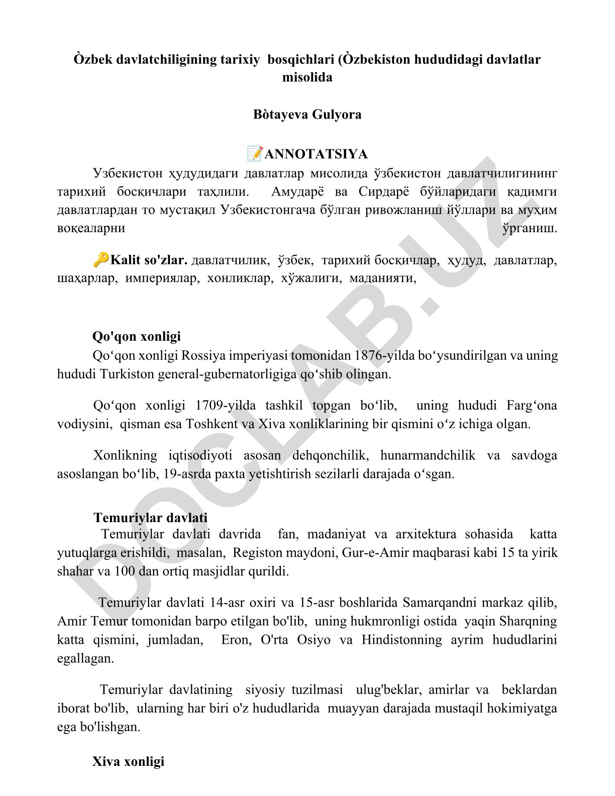 O'zbek davlatchiligining tarixiy bosqichlari (O'zbekiston hududidagi davlatlar misolida)