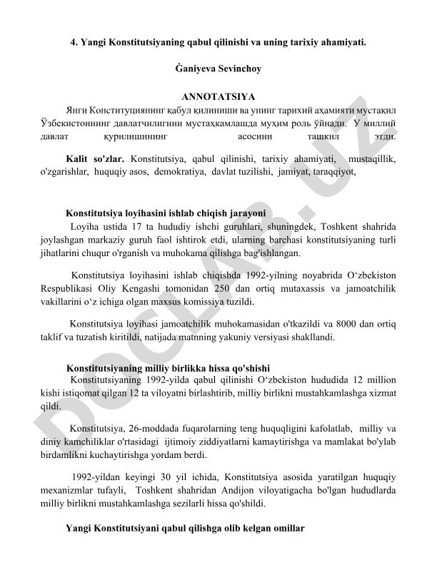 Yangi Konstitutsiyaning qabul qilinishi va uning tarixiy ahamiyati