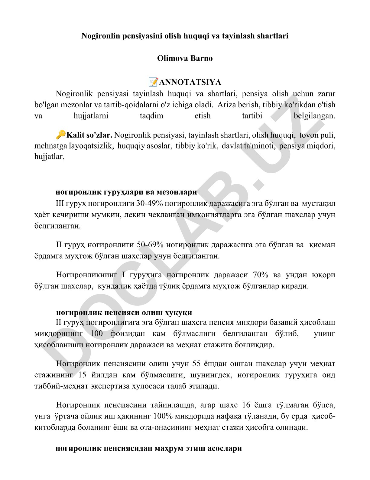 Nogironlik pensiyasini olish huquqi va tayinlash shartlari