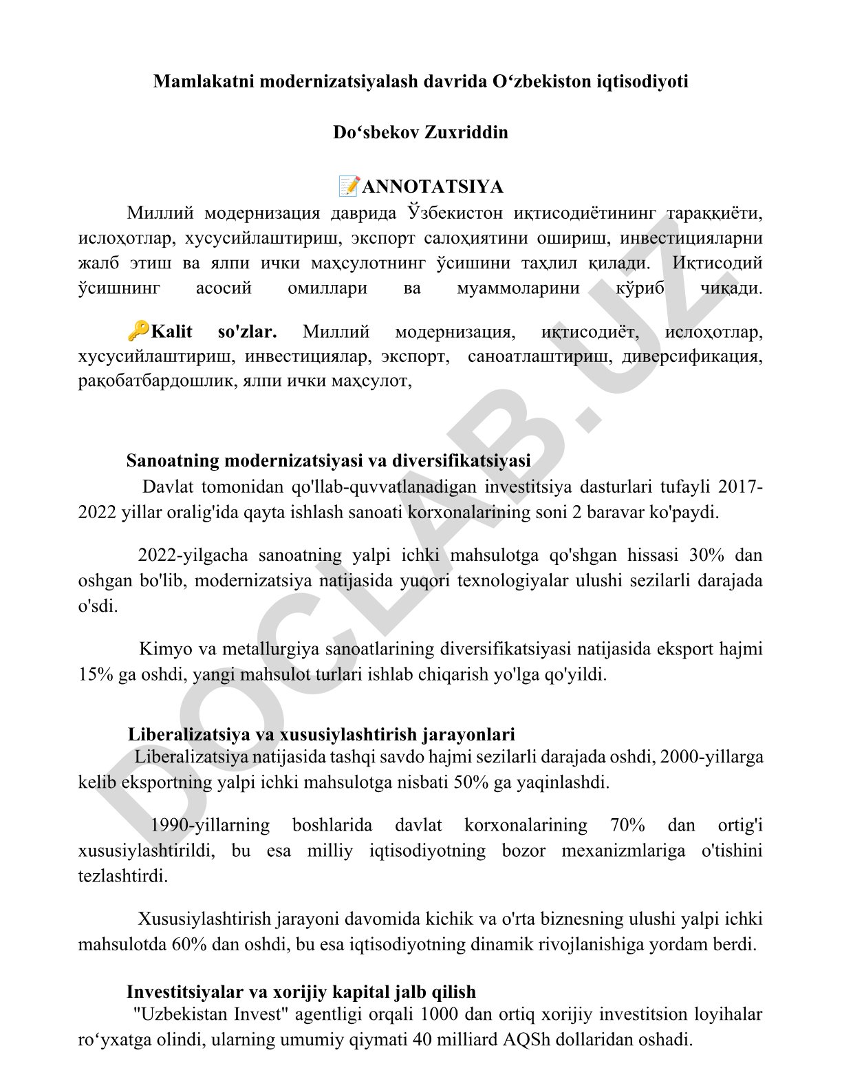 Oʻzbekiston iqtisodiyotining modernizatsiyasi va rivojlanishi
