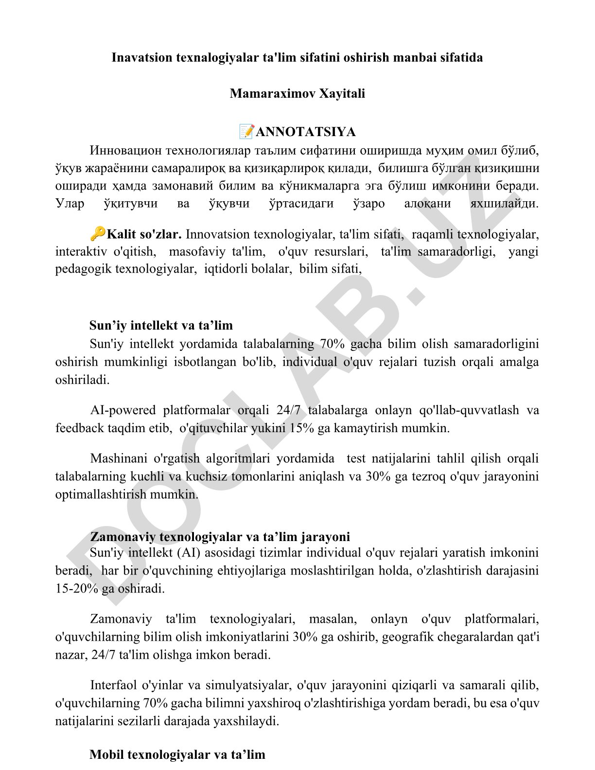 Innovatsion texnologiyalar ta'lim sifatini oshirish manbai sifatida