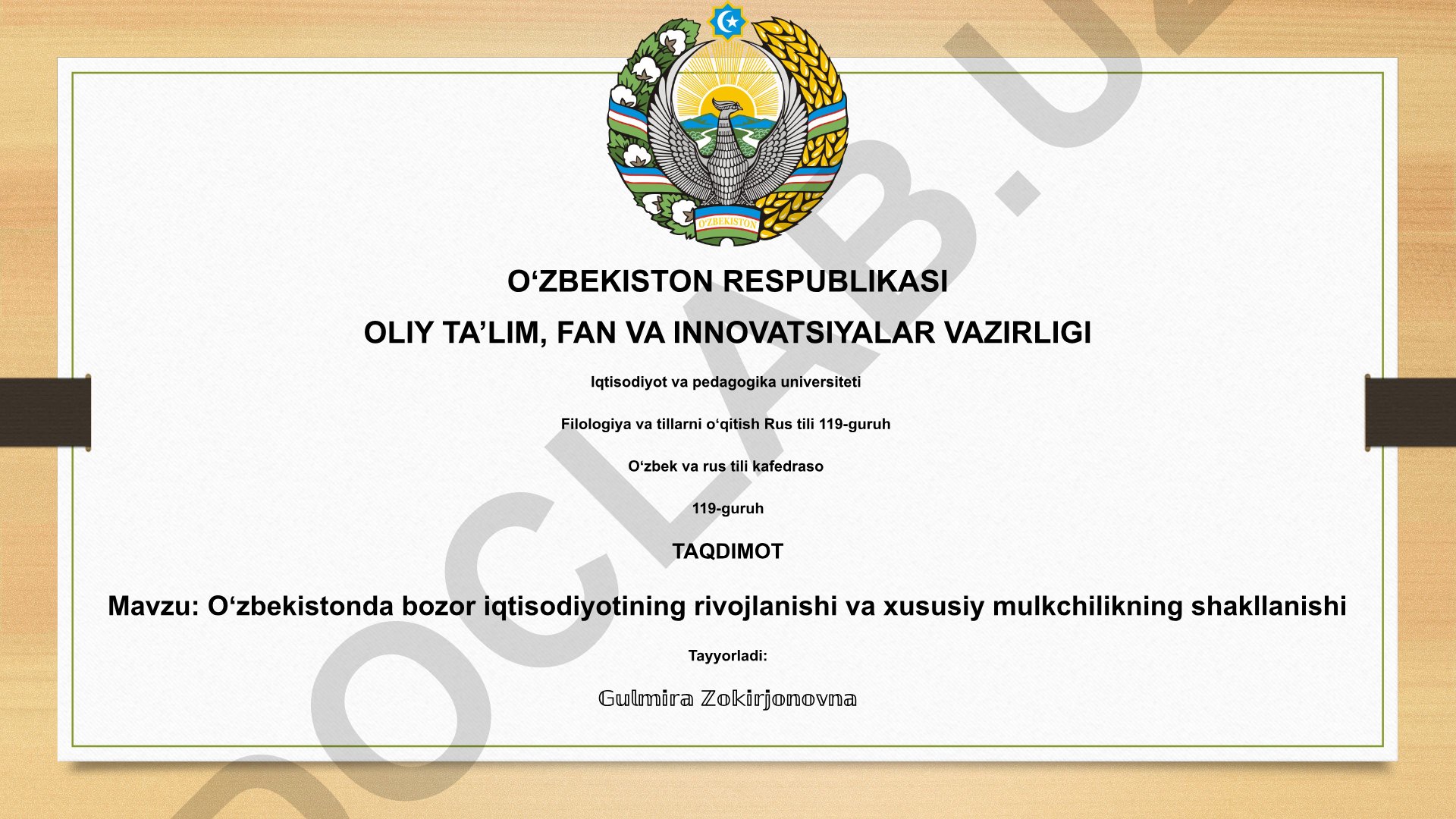 Oʻzbekistonda bozor iqtisodiyotining rivojlanishi va xususiy mulkchilikning shakllanishi