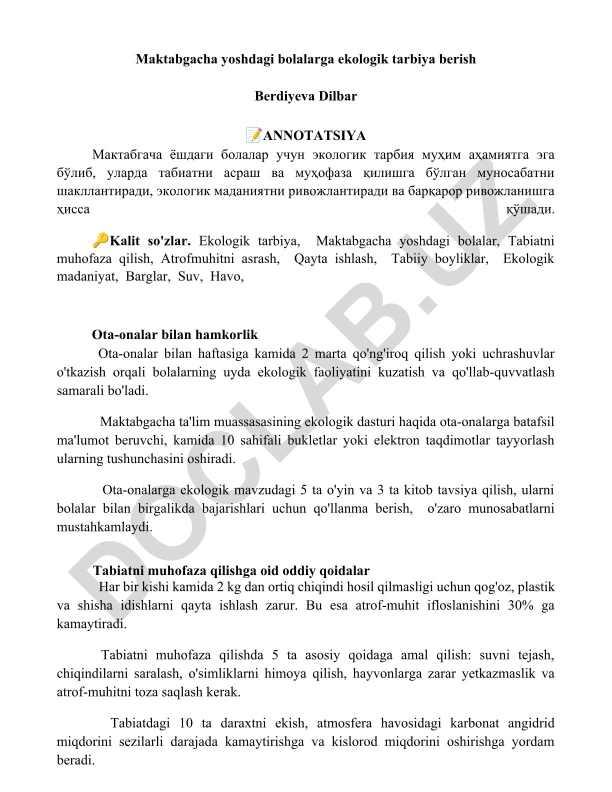 Maktabgacha yoshdagi bolalarga ekologik tarbiya berish