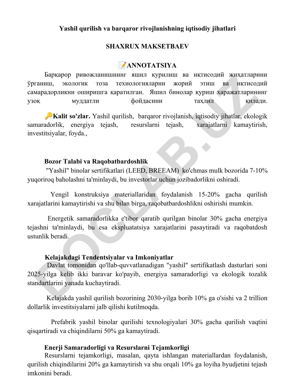 Yashil qurilish va barqaror rivojlanishning iqtisodiy jihatlari