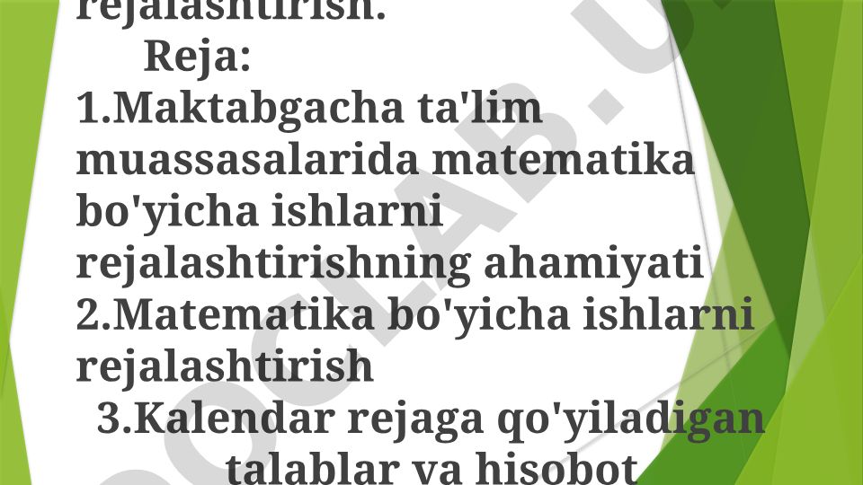 Maktabgacha ta'limda matematik tasavvurlarni rivojlantirish ishlarini rejalashtirish