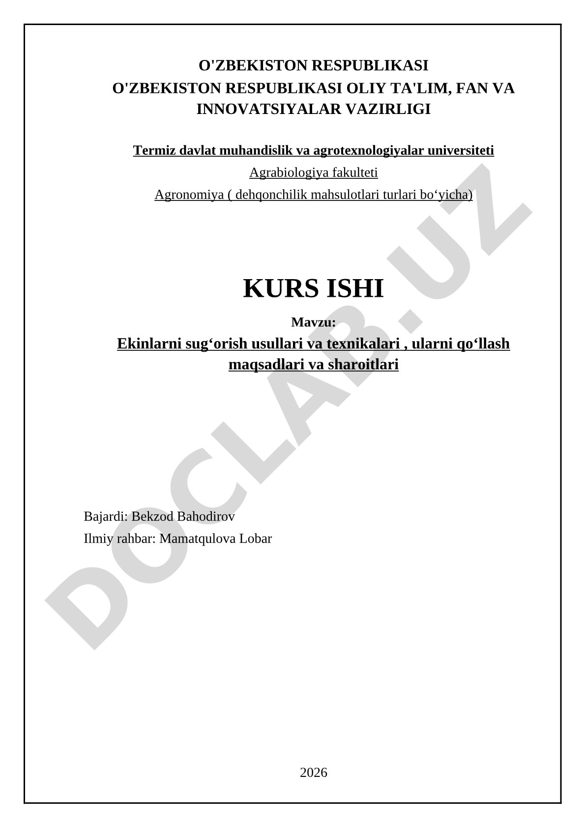 Ekinlarni sugʻorish usullari va texnikalari, ularni qoʻllash maqsadlari va sharoitlari