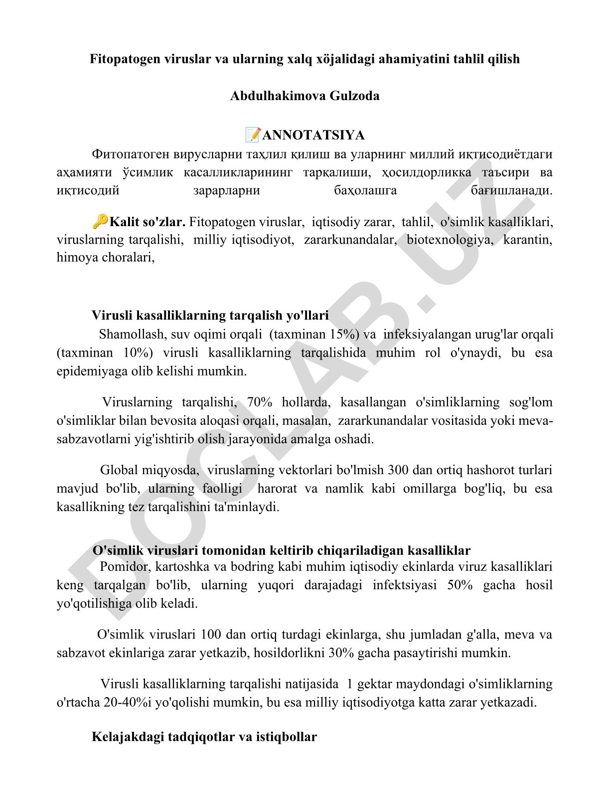 Fitopatogen viruslar va ularning xalq xo'jalidagi ahamiyatini tahlil qilish