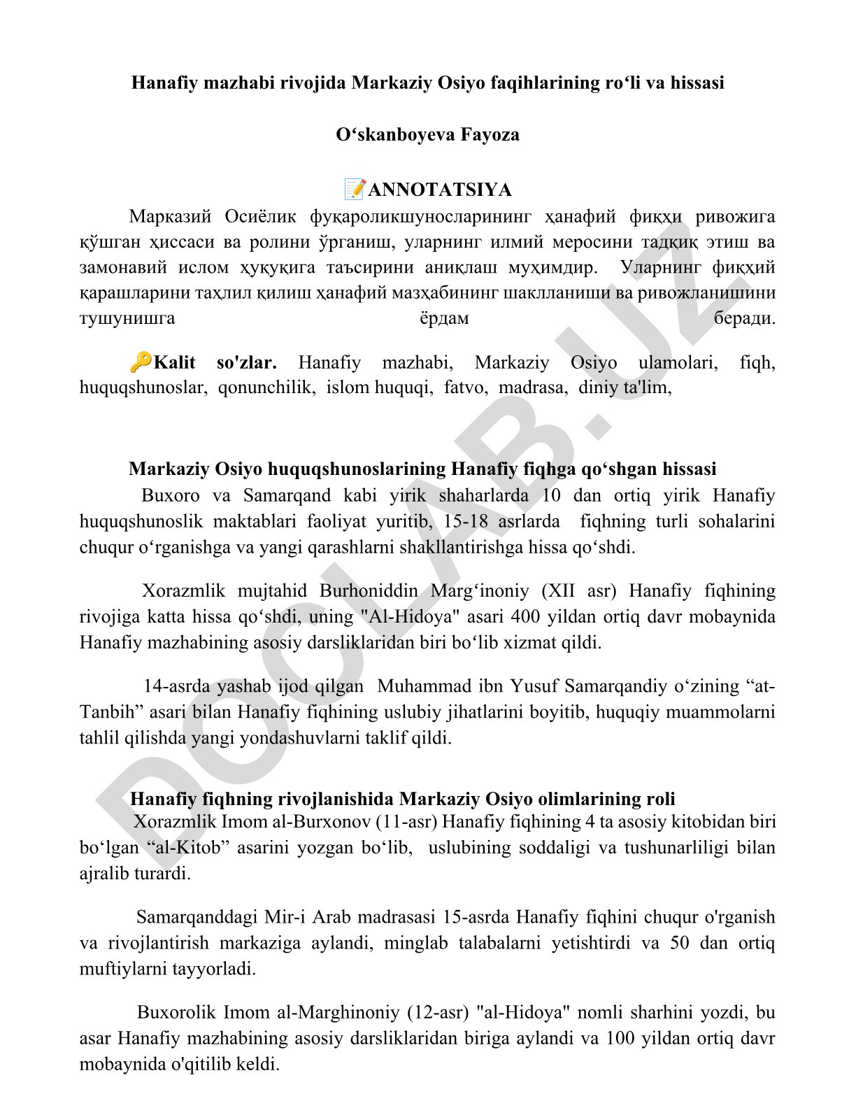 Hanafiy mazhabi rivojida Markaziy Osiyo faqihlarining roʻli va hissasi