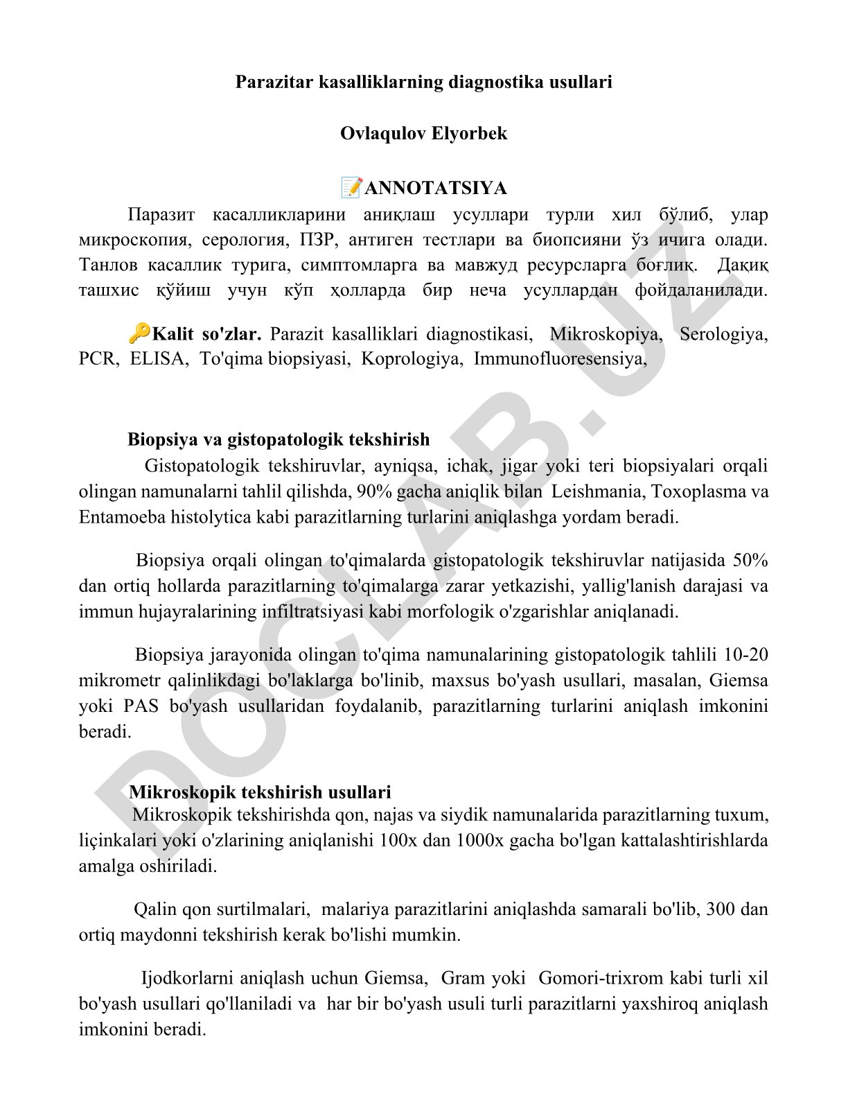Parazitar kasalliklarning diagnostika usullari