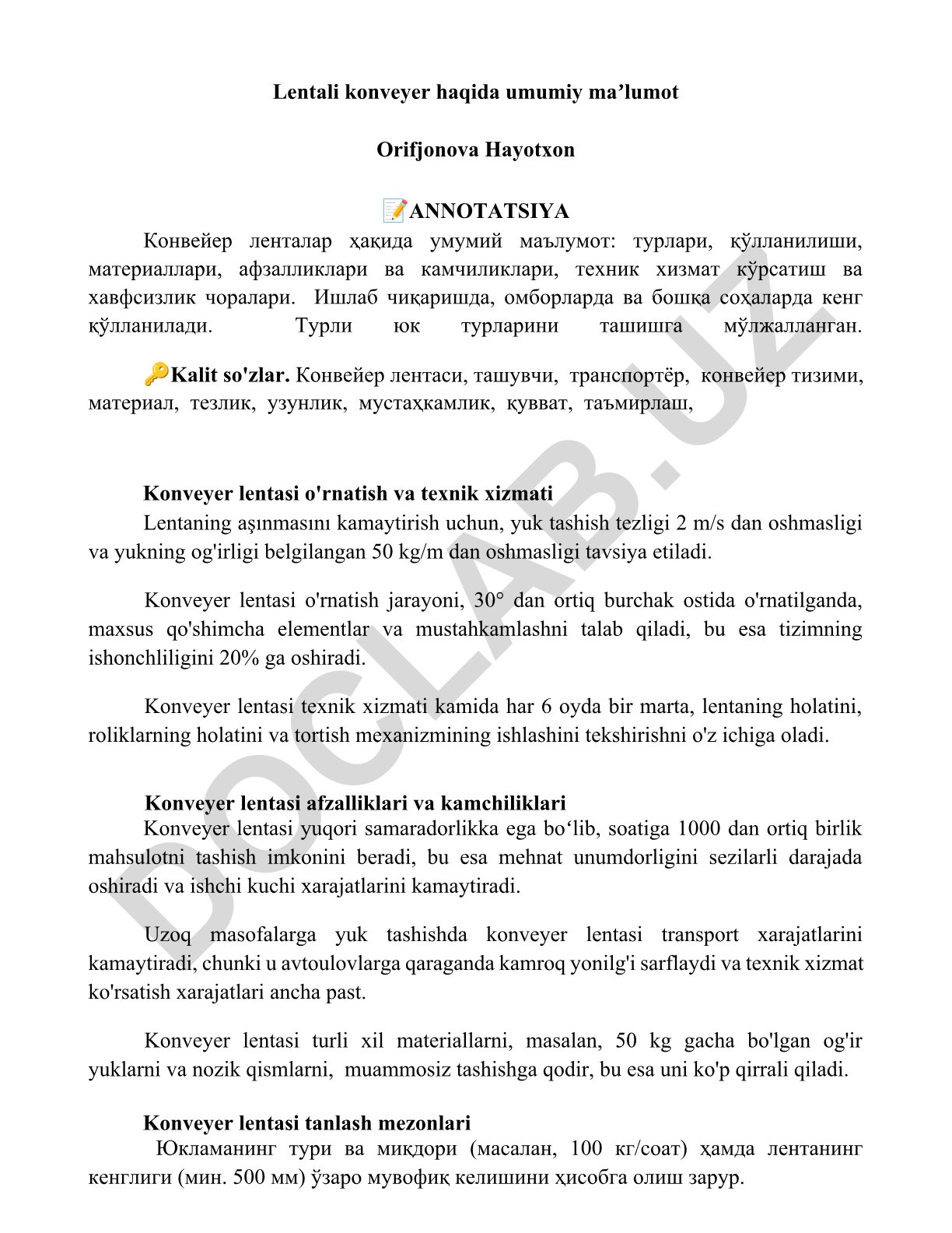 Lentali konveyer haqida umumiy maʼlumot