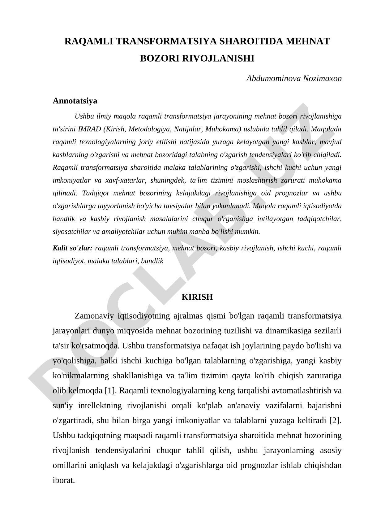 Raqamli transformatsiya sharoitida mehnat bozori rivojlanishi
