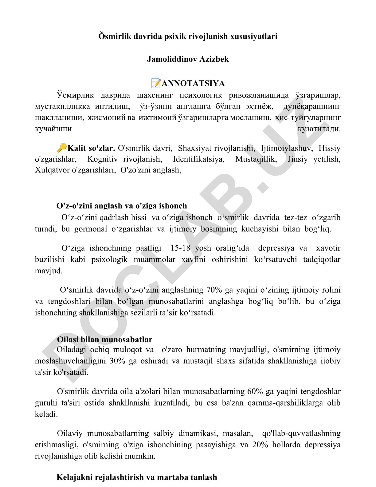 Ŏsmirlik davrida psixik rivojlanish xususiyatlari