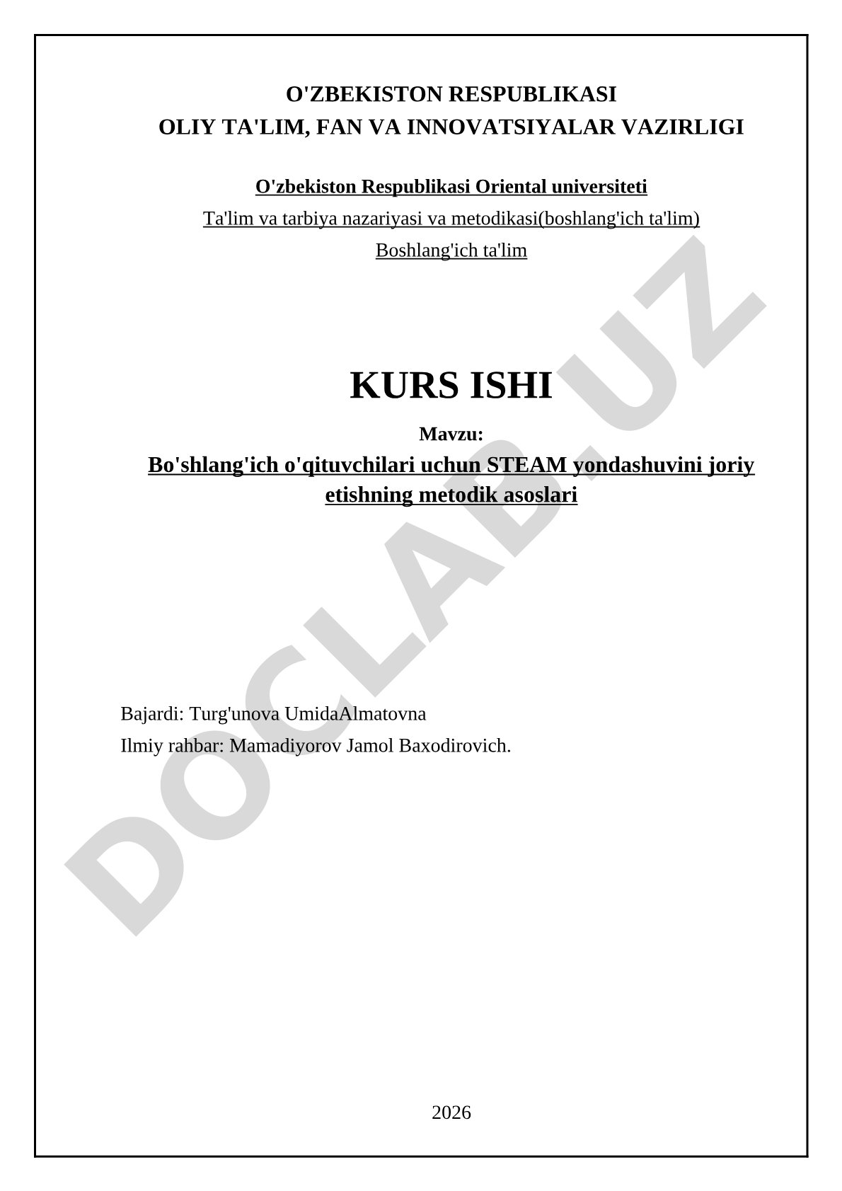 Boshlang'ich o'qituvchilari uchun STEAM yondashuvini joriy etishning metodik asoslari