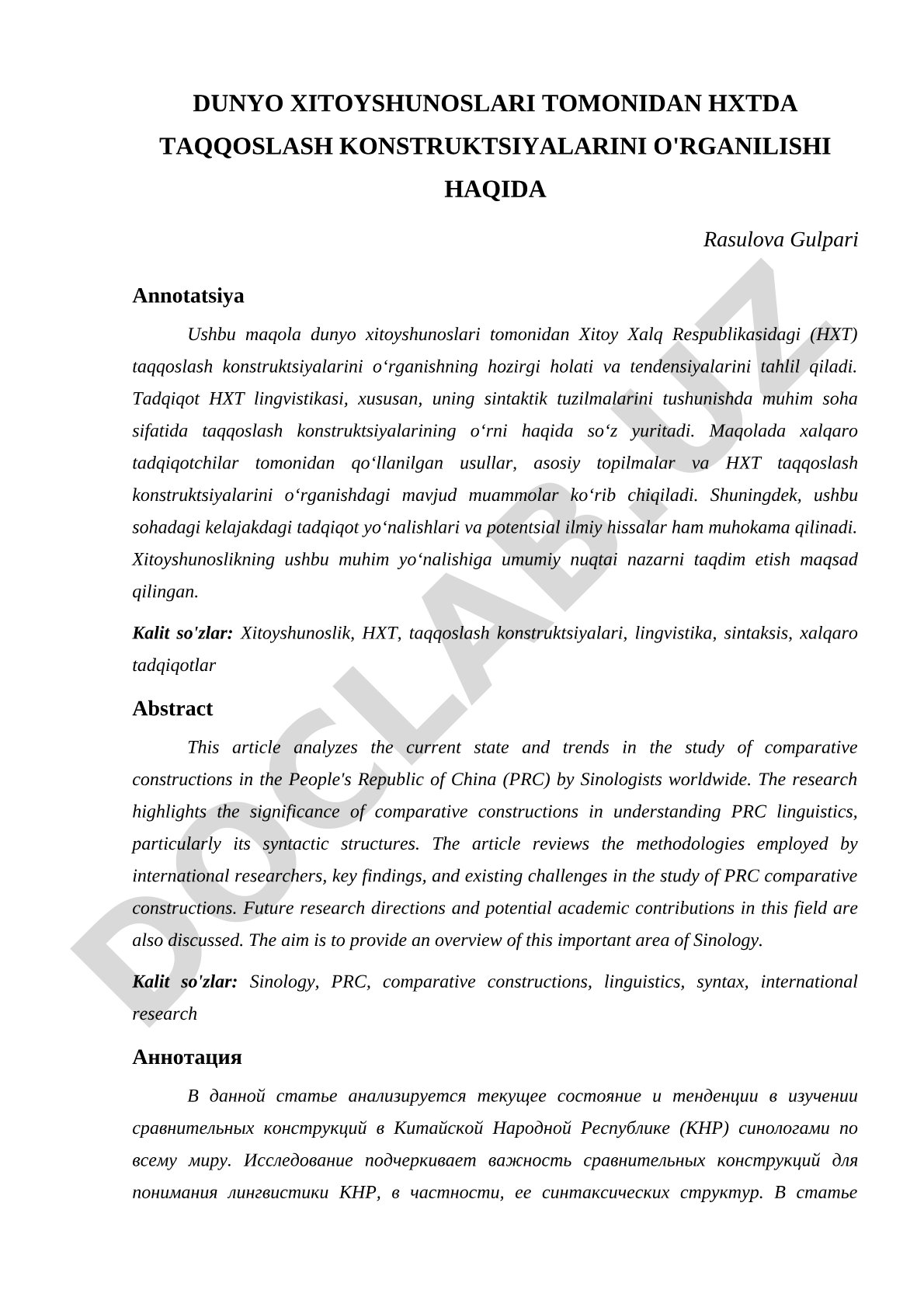 Dunyo xitoyshunoslari tomonidan HXTda taqqoslash konstruktsiyalarini o'rganilishi haqida