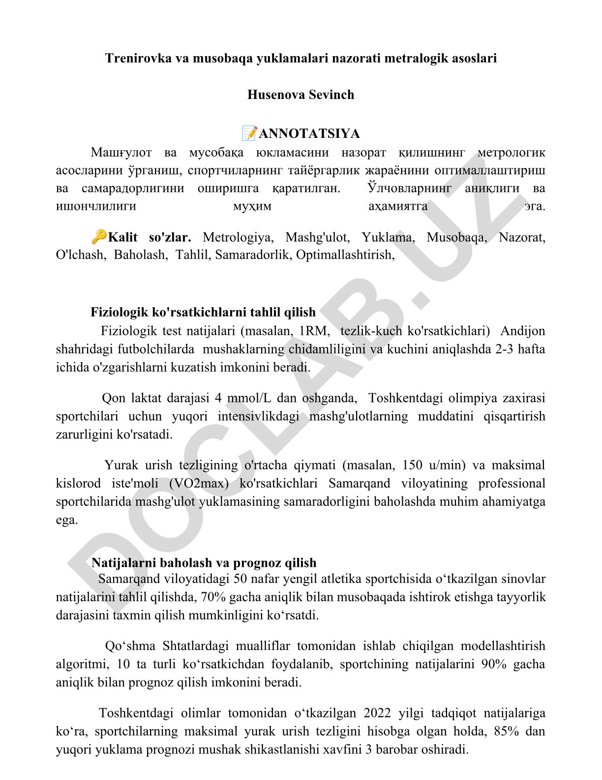 Trenirovka va musobaqa yuklamalari nazorati metralogik asoslari