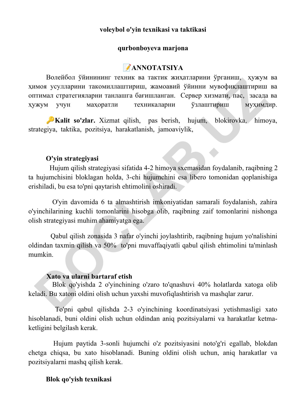 Voleybol o'yin texnikasi va taktikasi