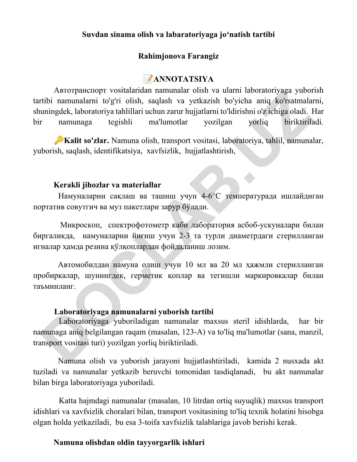 Avtotransport vositalaridan namunalar olish va laboratoriyaga yuborish tartibi